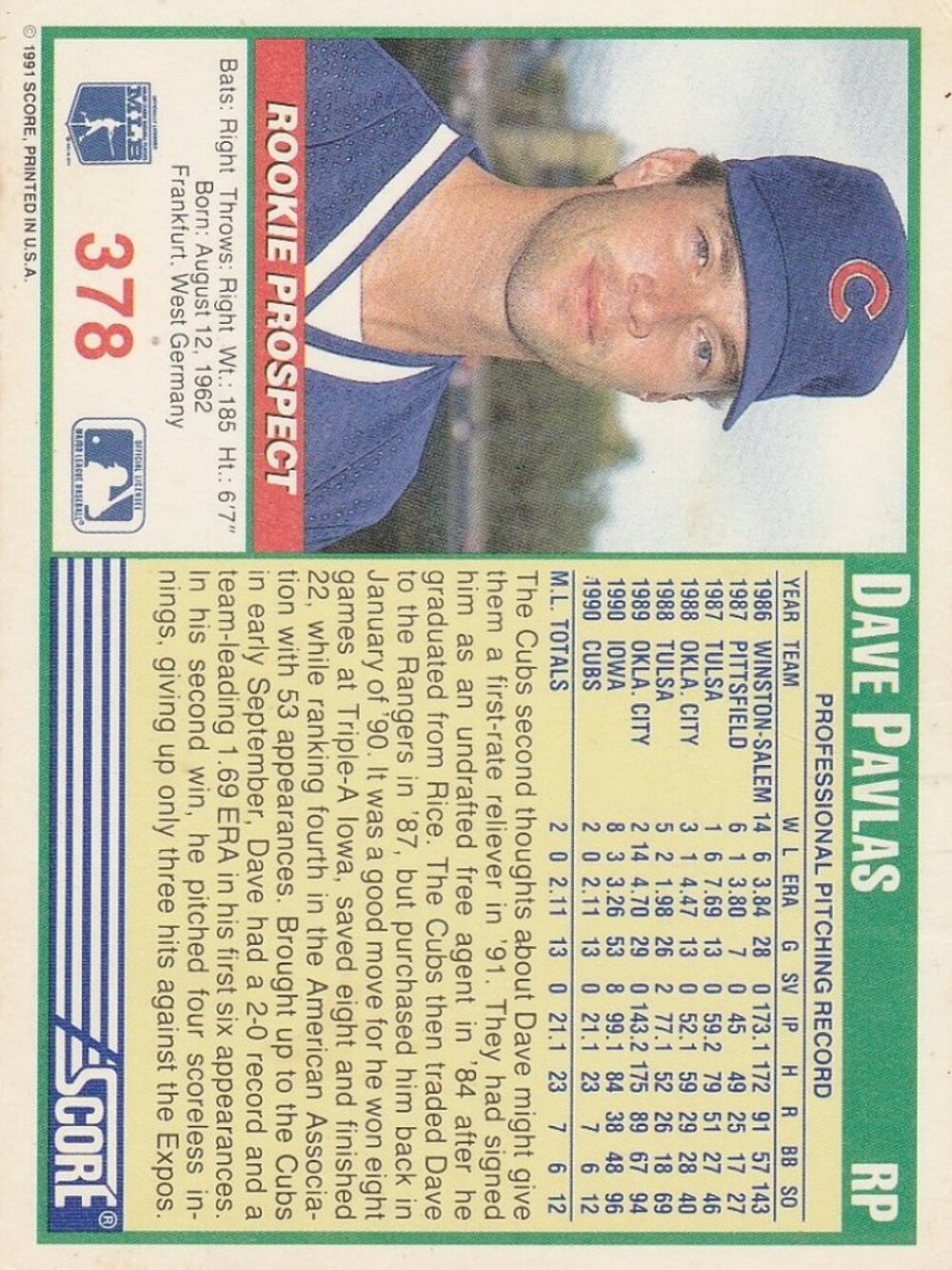 Dave Pavlas - Score 91 Rookie Prospect Baseball Card - Picture 2 of 2